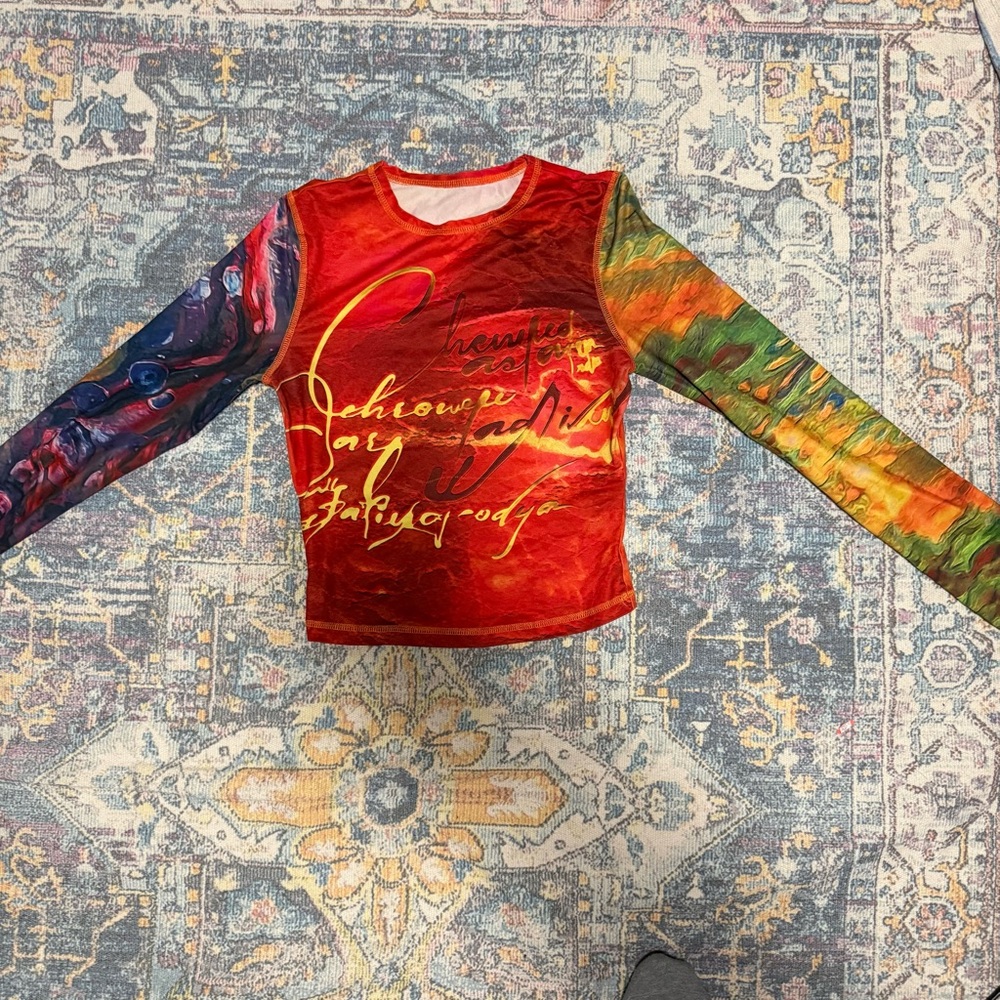 Long Sleeve Colorful Graphic Top - Red Multicolor